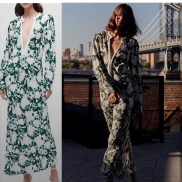 Figue Dress Rosalind Maxi Long Sleeve Embroidered Neckline in Green Floral Print - Picture 1 of 10